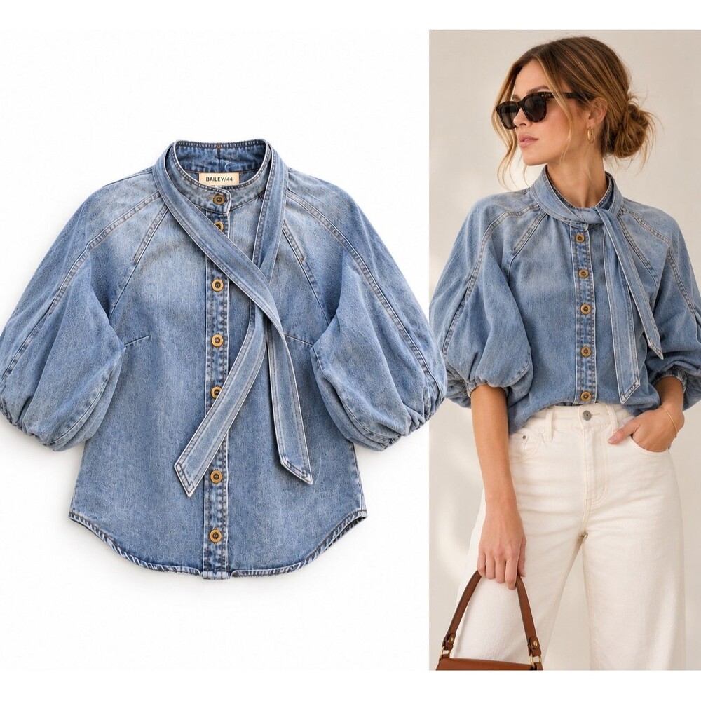 BAILEY/44 Denim Blouse XS Light Wash Tie Neck Balloon Sleeve Button Front